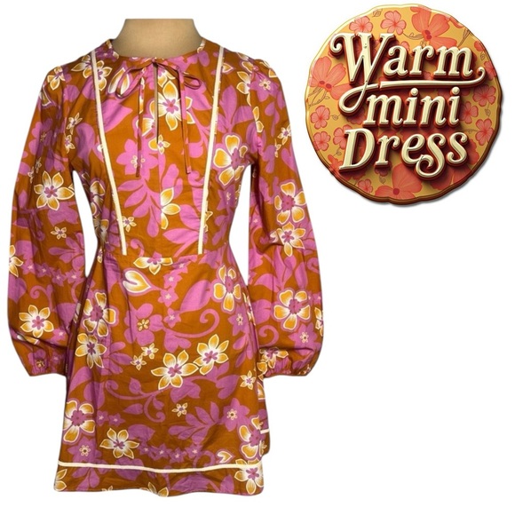 WARM retro mod chelsea mini dress orange and pink floral Size M - Picture 1 of 12
